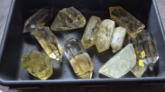 Fluorite towers, Citrine, and Palm stones