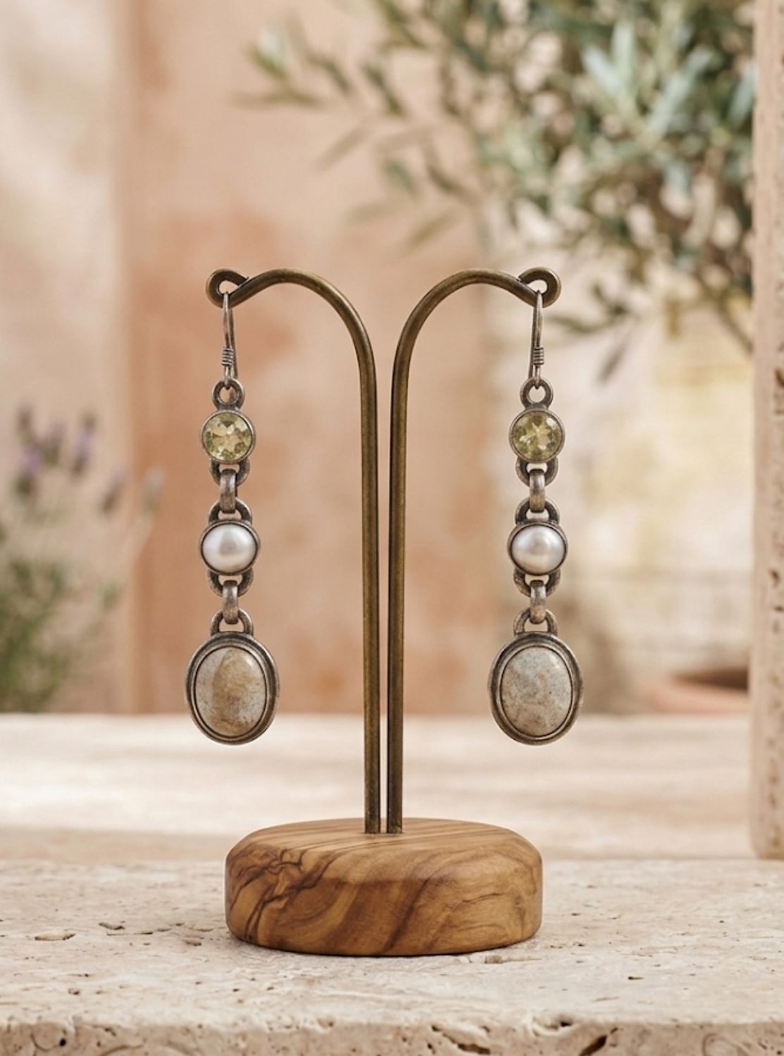 Coral Reef, Citrine, amd Moonstone set in Sterling Silver Triple Drop Earrings