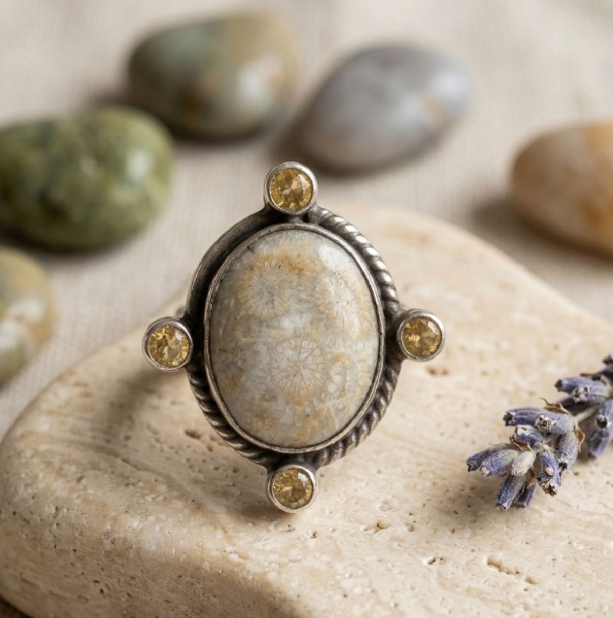 Petoskey Stone (Fossilized Coral) and Citrine Ring- Size 6