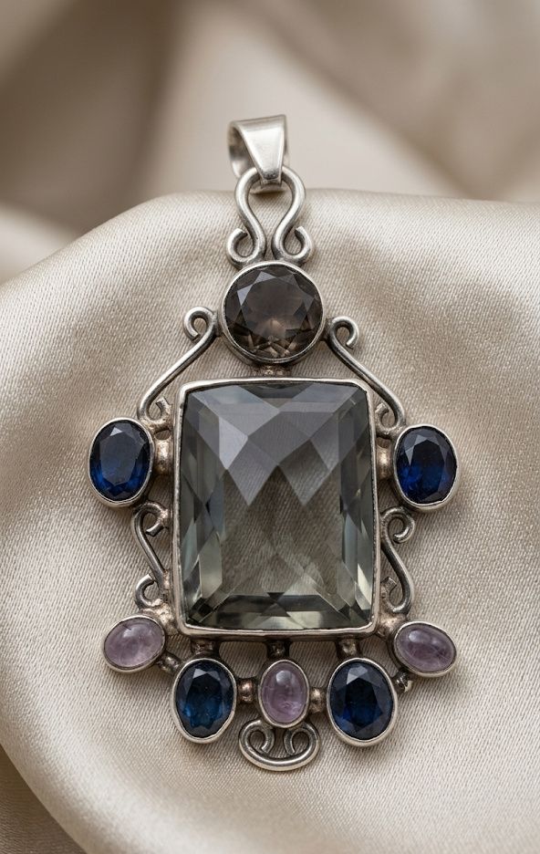 Smoky Quartz with Sapphire and Amethyst Sterling Silver Pendant