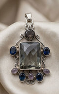 Smoky Quartz with Sapphire and Amethyst Sterling Silver Pendant