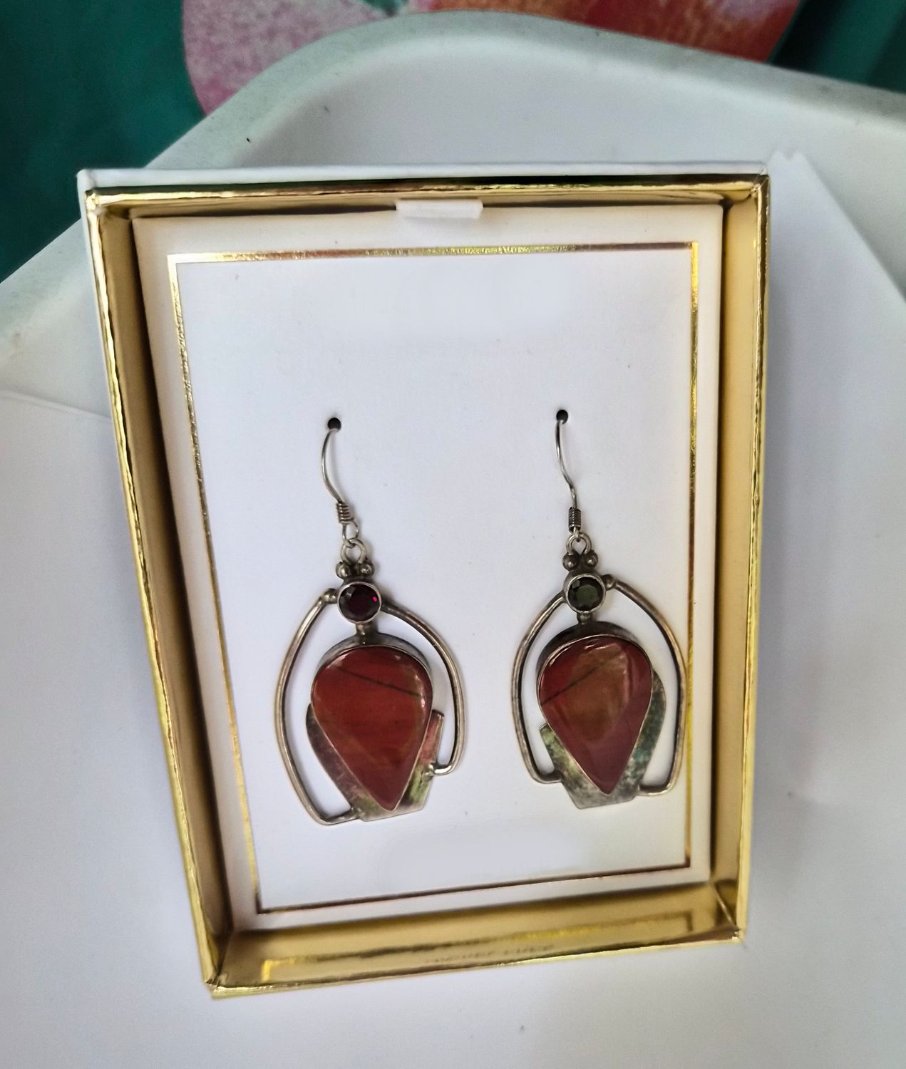 Geometric Red Jasper and Garnet .925 Sterling Silver Earrings