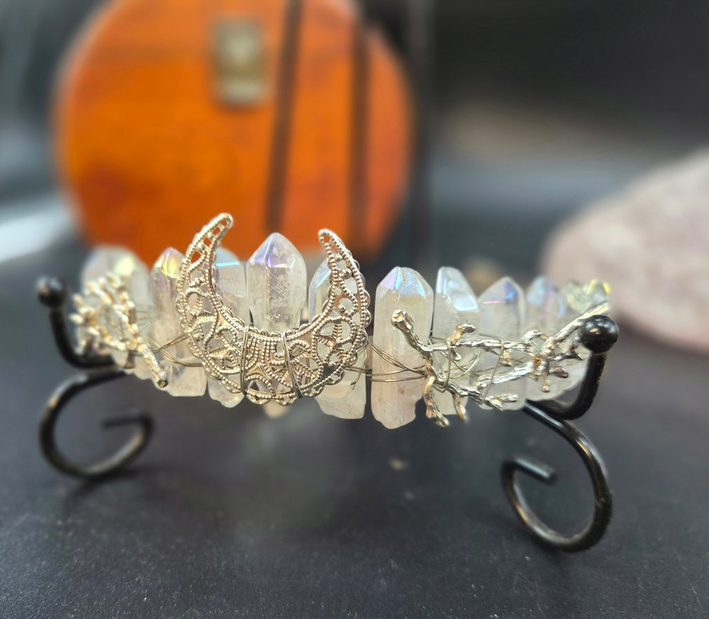 Moonstone Celestial Moon and Bramble silver wire wrapped Tiara Crown