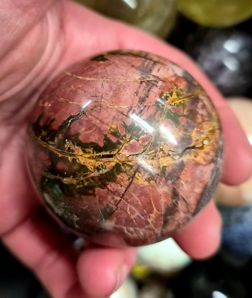 Rhodonite with Epidote and Pyrite Matrix sphere– 55mm