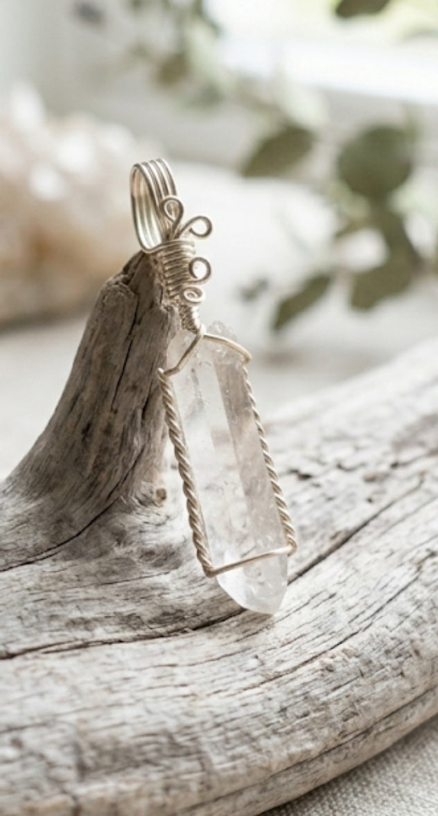 Artisan handcrafted wire wrapped natural crystal pendants