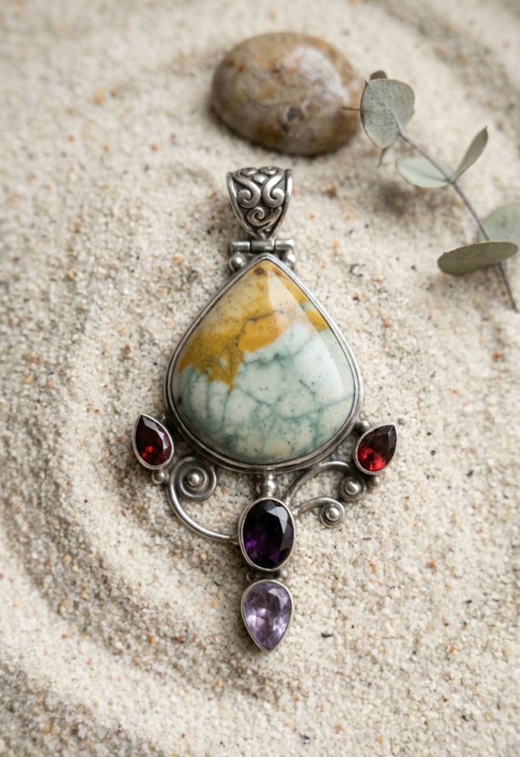 Boho-Luxury "Forest Vineyard" Rainforest Jasper with Garnet and Amethyst Pendant