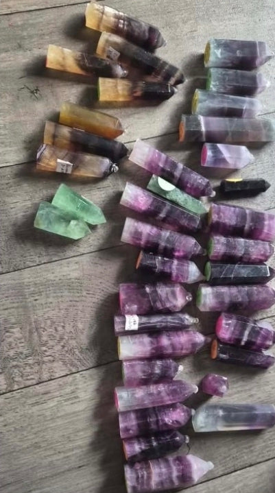 Fluorite towers, Citrine, and Palm stones