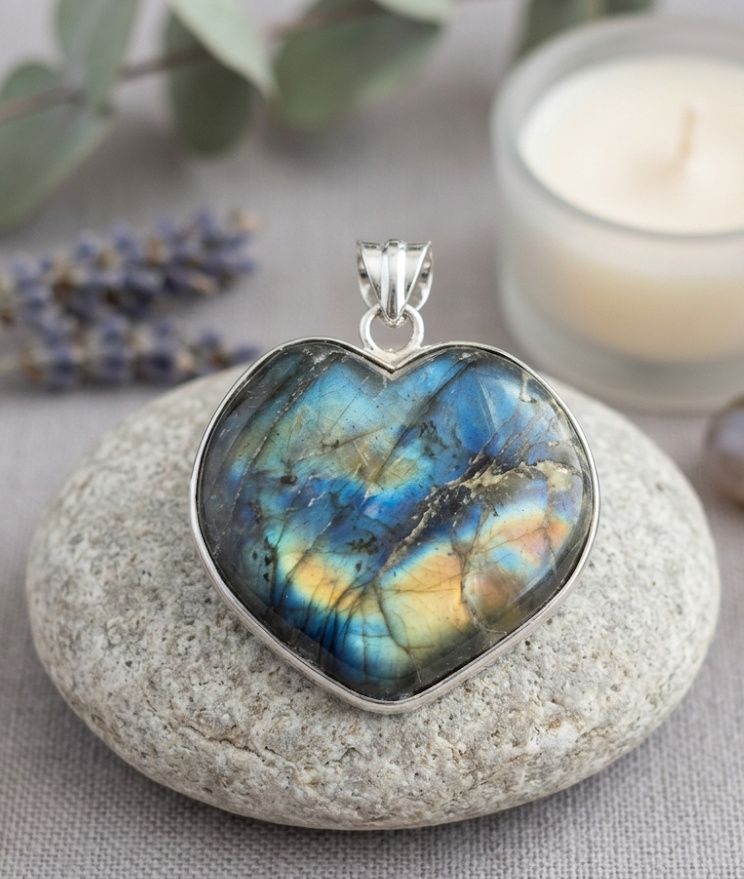 Polished Labradorite Heart Pendant with Silver Bezel Framing