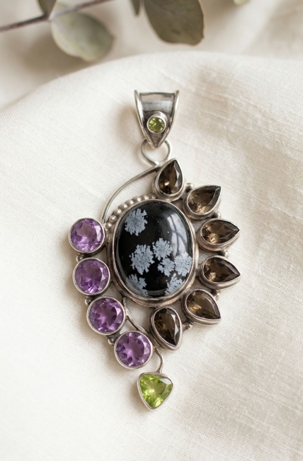 "Midnight Boom" Snowflake Obsidian and Multi-stone Pendant