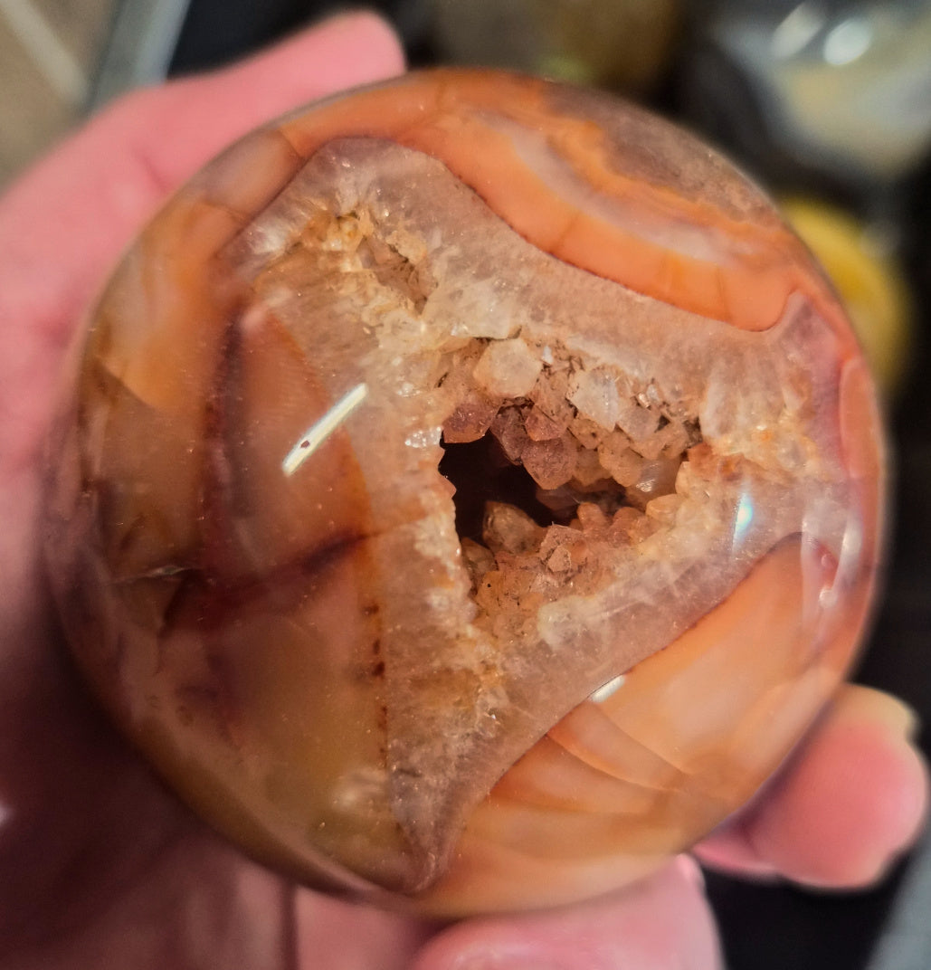 Carnelian crystal sphere with Druzy vug– 75mm