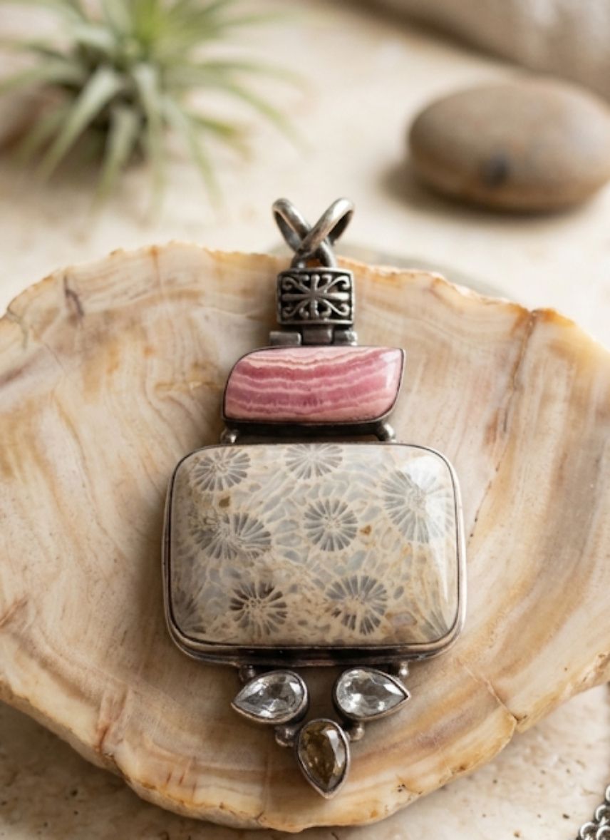 Petoskey Stone (Fossilized Coral), Rhodochrosite, and Quartz Pendant