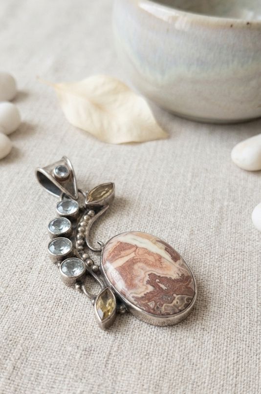 "Desert Sky" Jasper Cabochon, Blue Topaz and Citrine Pendant
