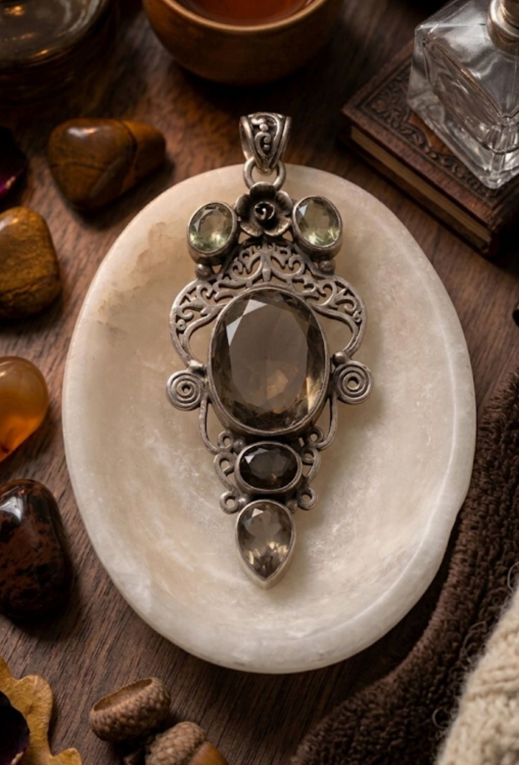 "Midnight Romance" Victorian Filigree Smoky Quartz Pendant