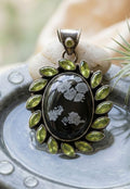 Snowflake Obsidian with Marquis Peridot Halo Pendant