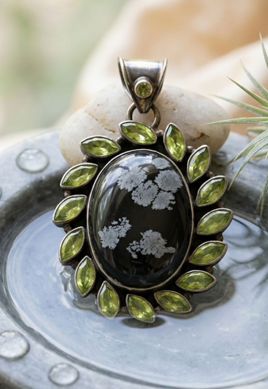 Snowflake Obsidian with Marquis Peridot Halo Pendant