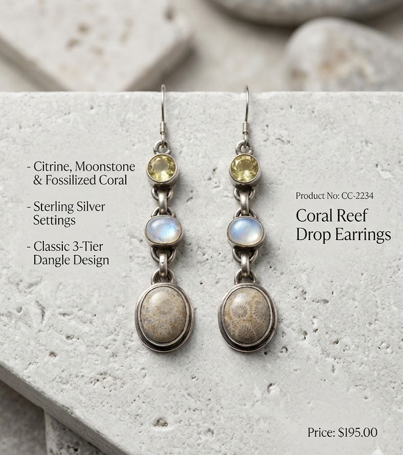 Coral Reef, Citrine, amd Moonstone set in Sterling Silver Triple Drop Earrings