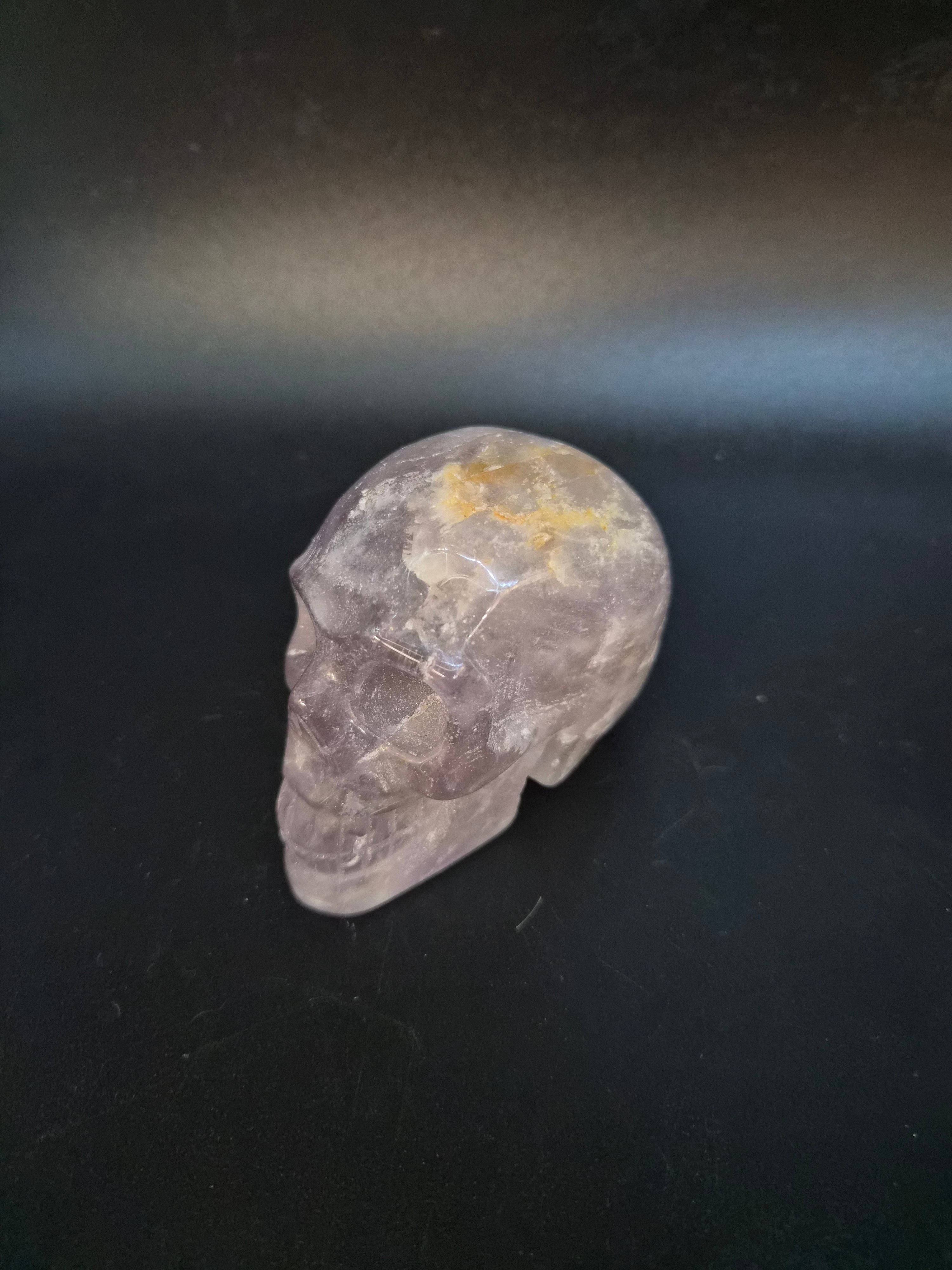Amethyst and Lepidolite natural crystal skull