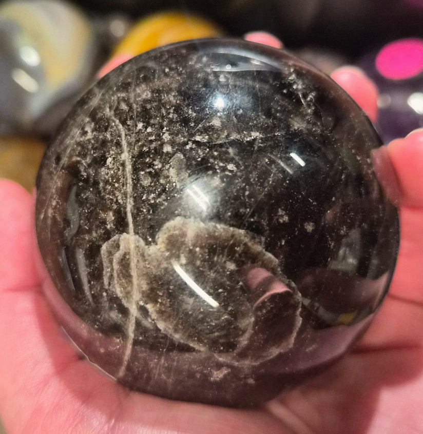 Black Garnet and Astrophyllite crystal sphere– 75mm